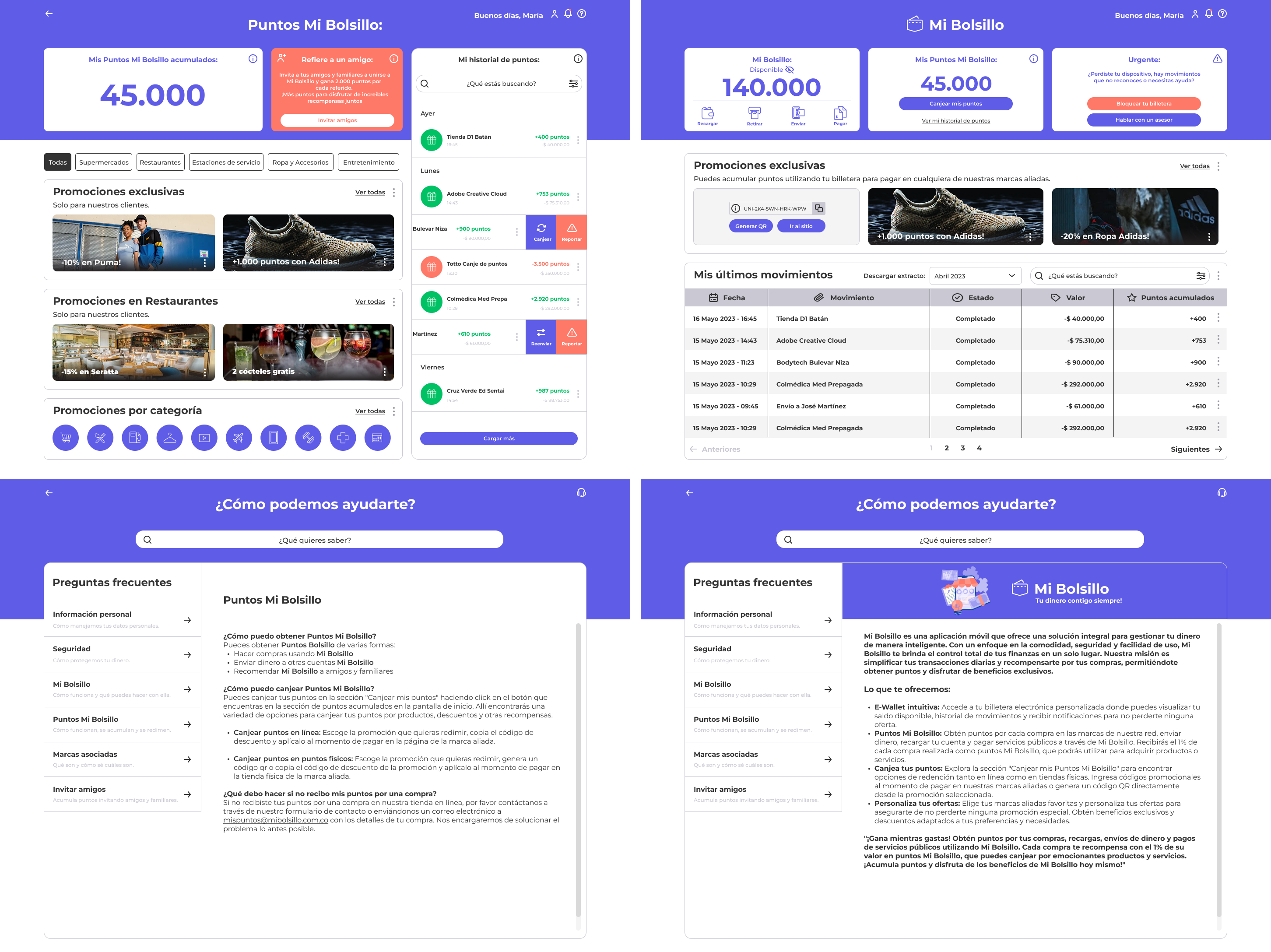The rewards screen of the Mi Bolsillo app, showing a user-friendly interface for redeeming points
