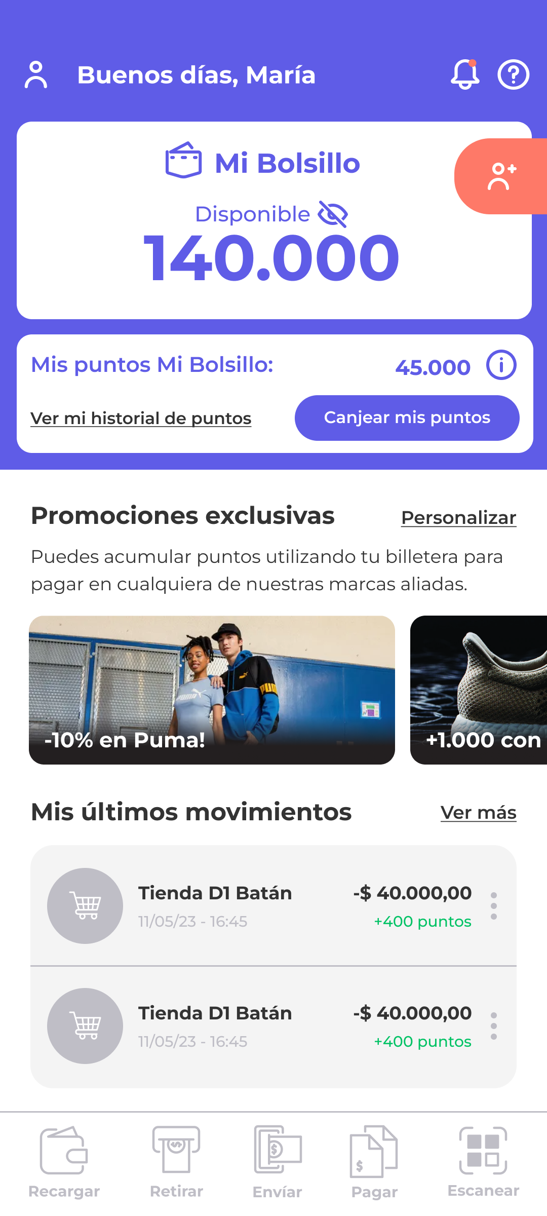 Mi Bolsillo app mockup showing personal finance dashboard