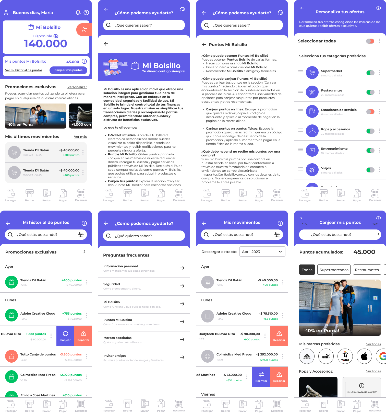 The rewards screen of the Mi Bolsillo app, showing a user-friendly interface for redeeming points