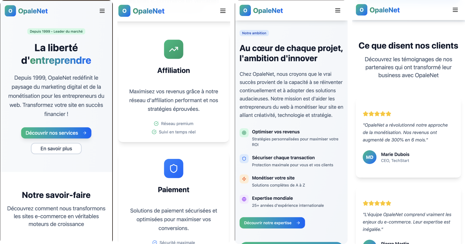 Different screens of the OpaleNet corporate website showcasing various sections and features