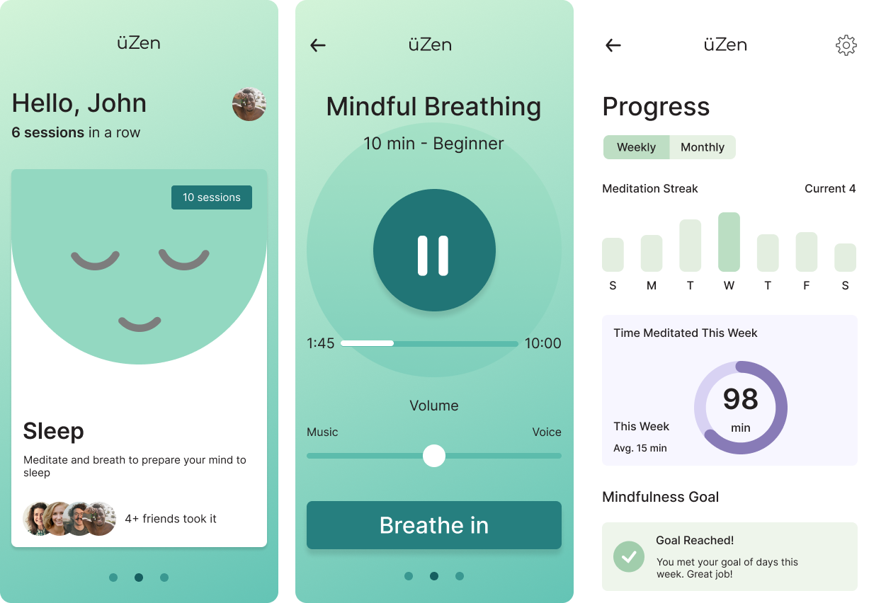 üZen meditation sessions screen showing various mindfulness practices
