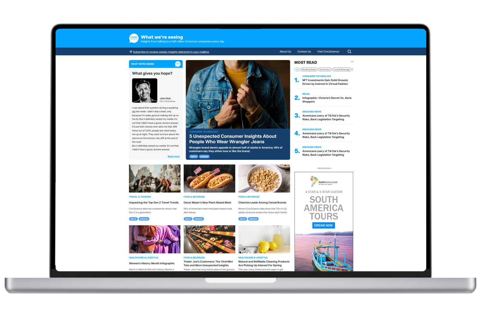 What We're Seeing platform homepage, showcasing content curation and media accessibility features.