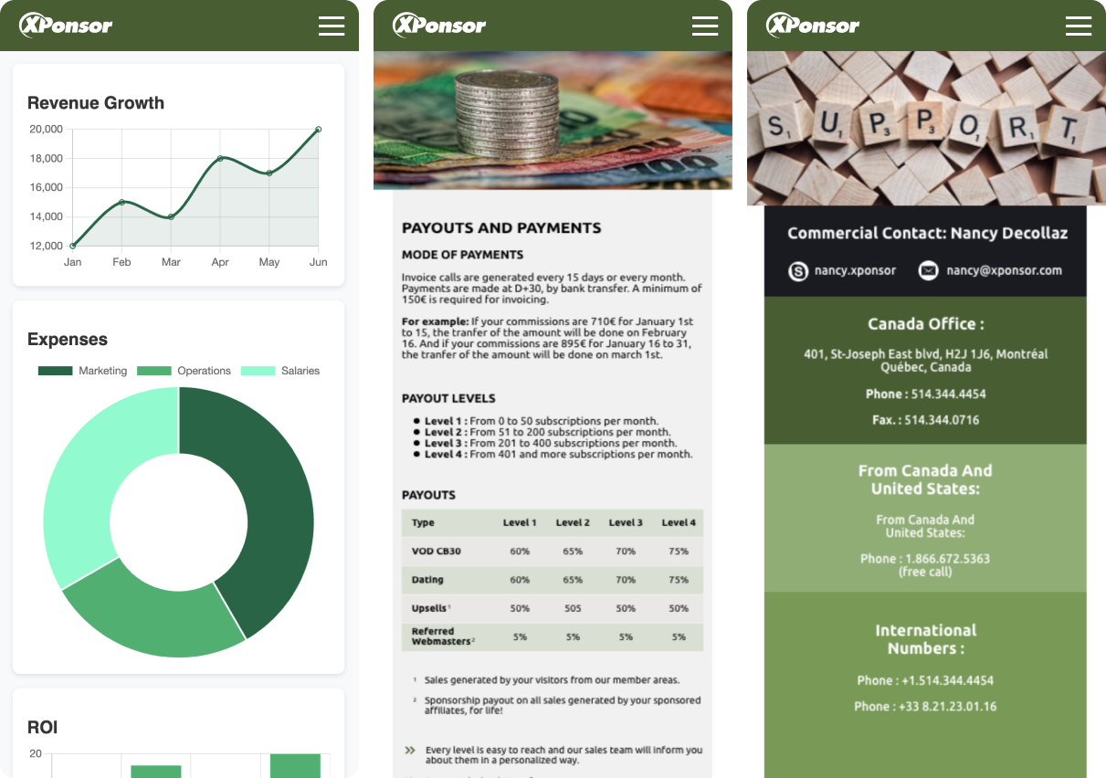 A collage of screens from the Xponsor platform, showing various features like analytics and user management